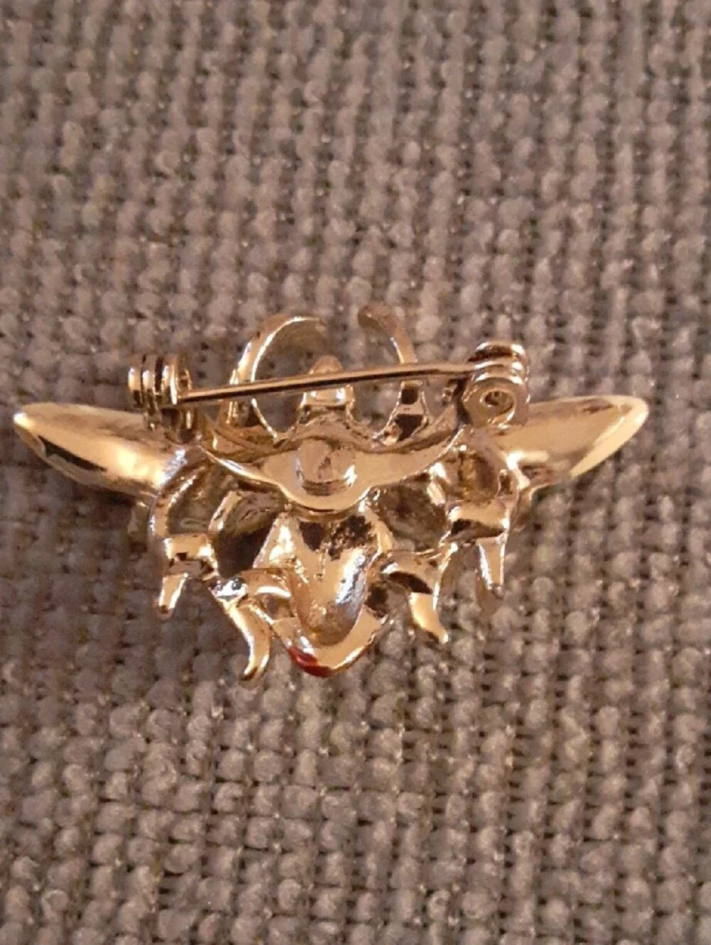 Gold Tone Bee Brooch with Enamel Wings and Red Stripes